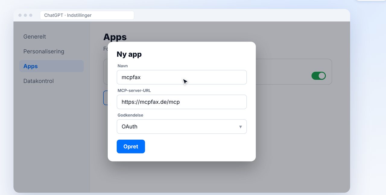 Opret en ny app med mcpfax-adressen