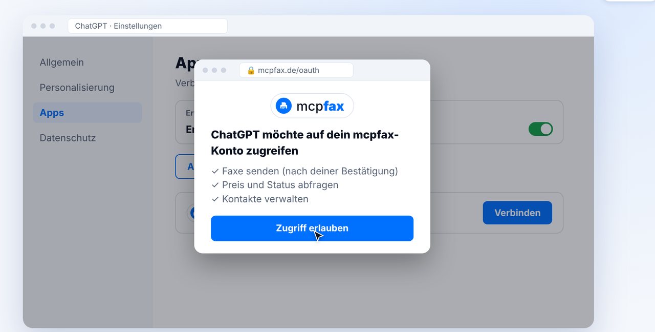 Anmelden bei mcpfax und Zugriff erlauben