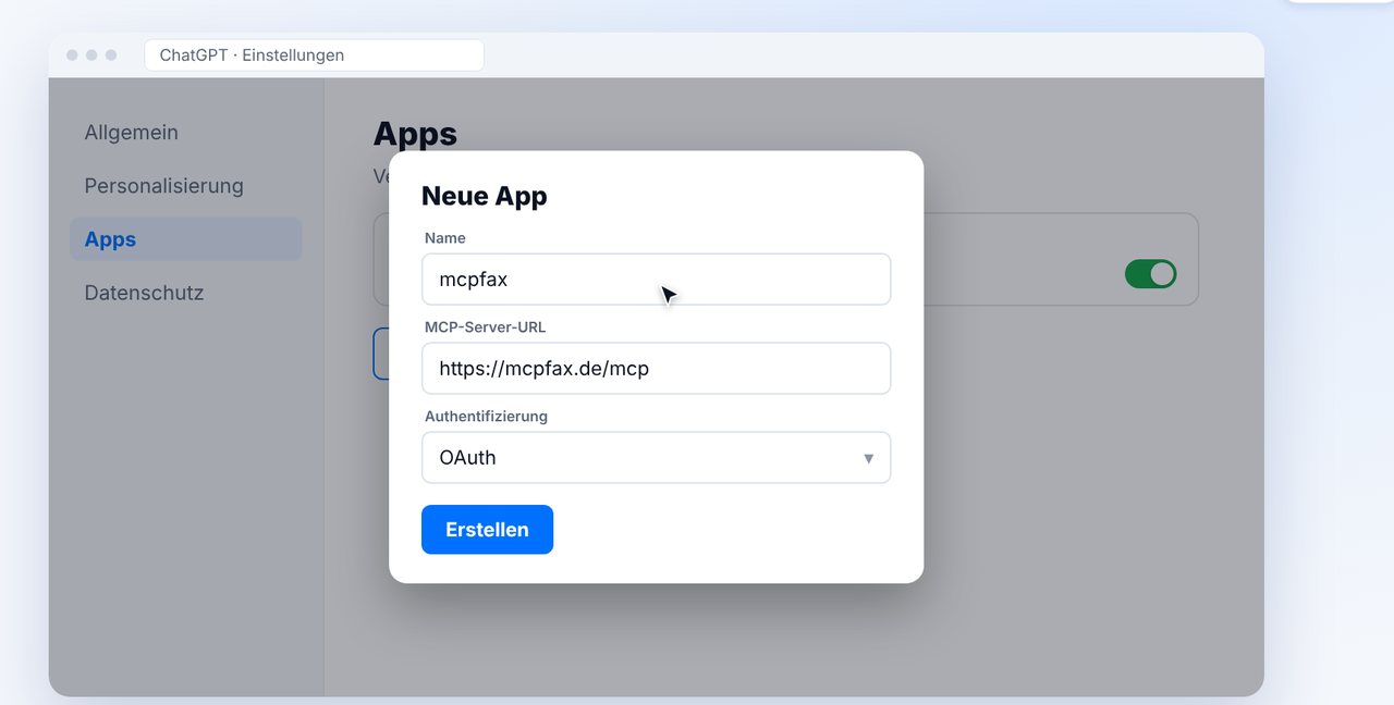 Neue App mit der mcpfax-Adresse erstellen