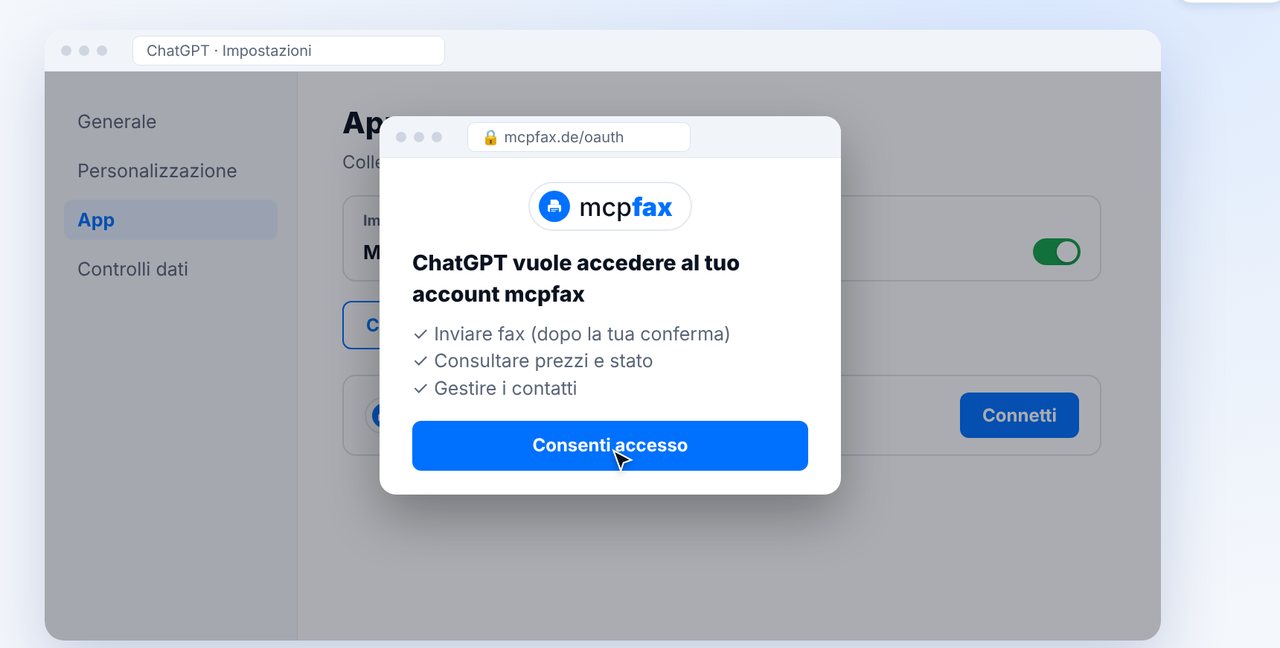 Accedere a mcpfax e consentire l’accesso