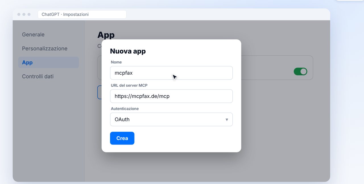 Creare una nuova app con l’indirizzo di mcpfax