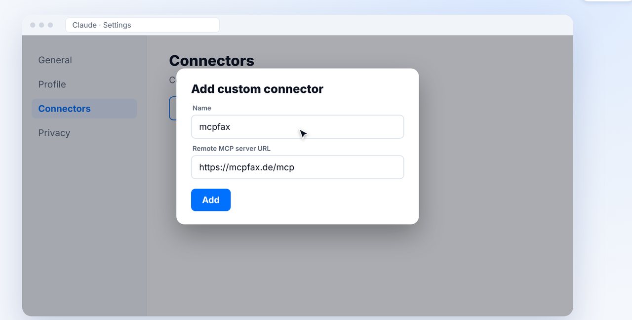 Add a custom connector with the mcpfax address