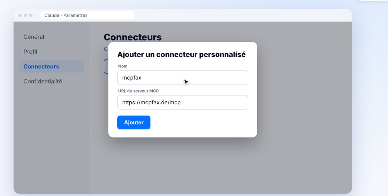 Ajouter un connecteur personnalisé avec l’adresse mcpfax