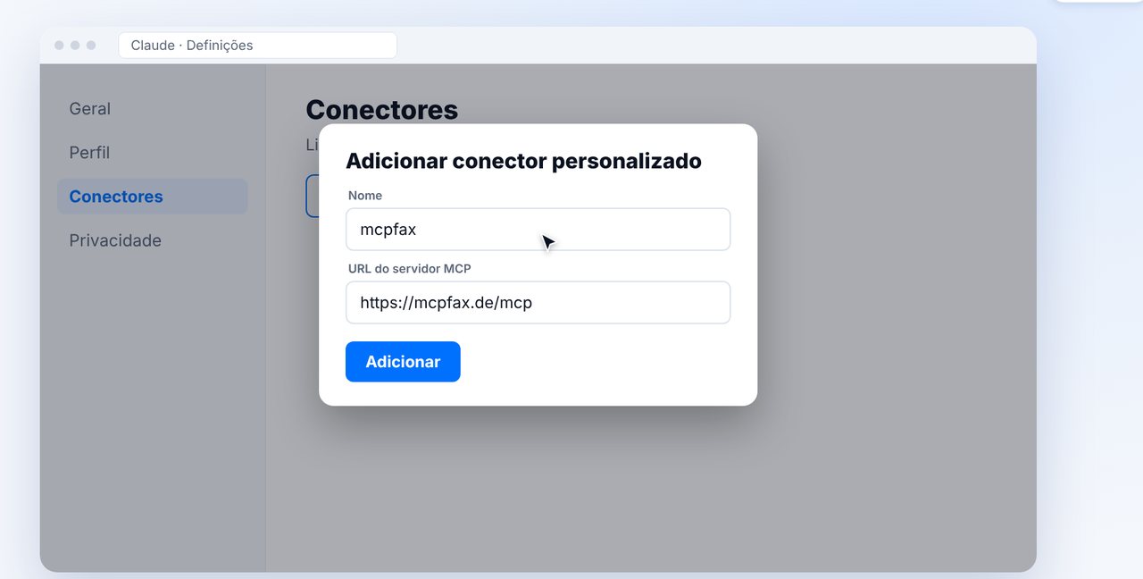 Adicionar conector personalizado com o endereço do mcpfax
